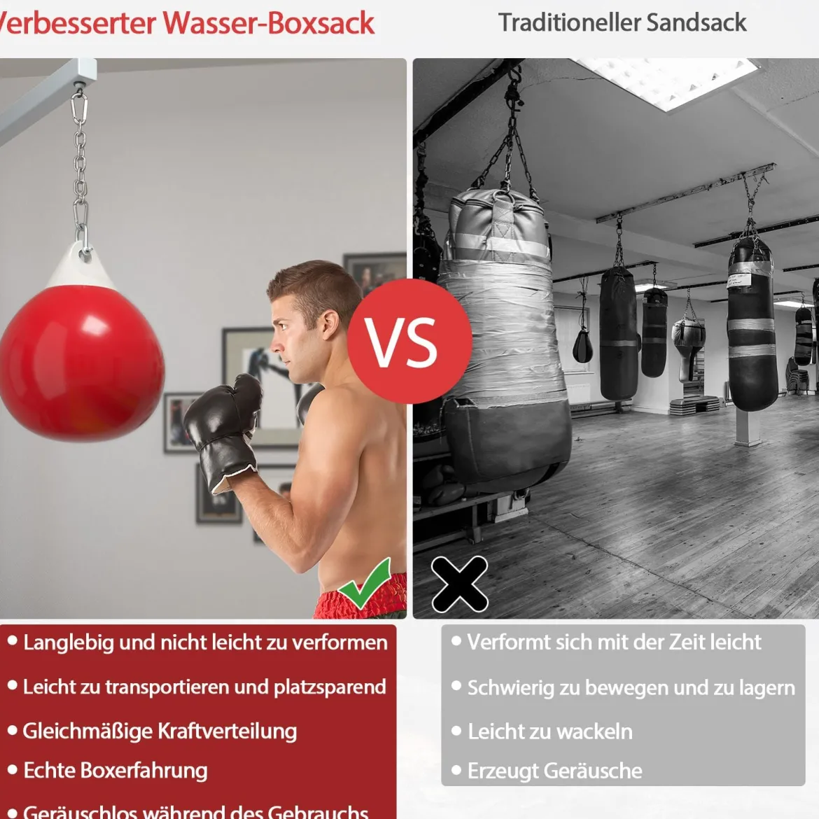 Ø45 cm Wasserboxsack 50 kg Boxing Punching Bag mit Verstellbarer Metallkette Rot