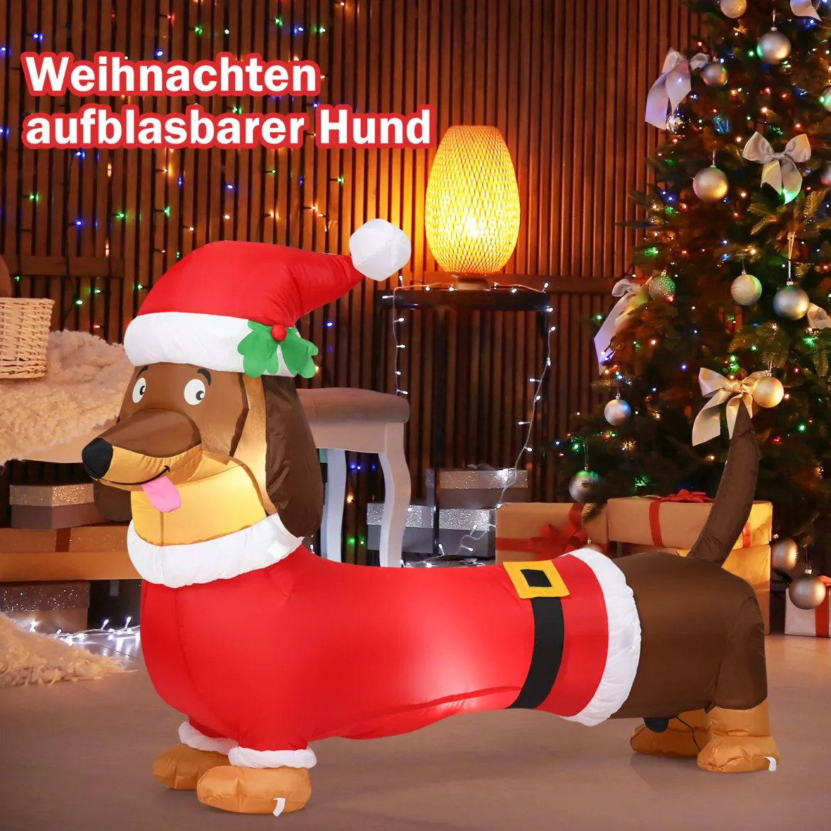 160 cm Weihnachts-aufblasbarer Hund selbstaufblasender Weihnachts-Hund mit integrierten Leuchtmitteln Polyestergewebe