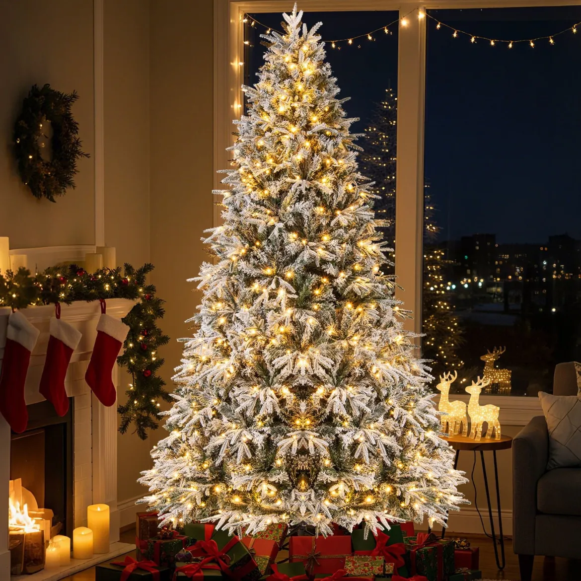 270 cm Weihnachtsbaum künstlich mit Beleuchtung und Schnee dichter LED Tannenbaum Christbaum