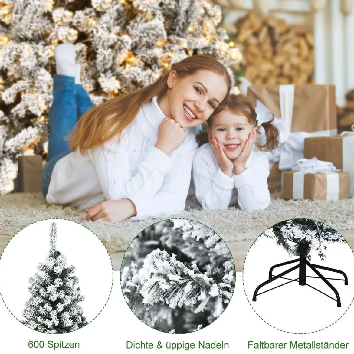180 cm Weihnachtsbaum mit Schnee Premium-PVC-Nadeln mit LED-Lichtern Kunstbaum Weihnachten