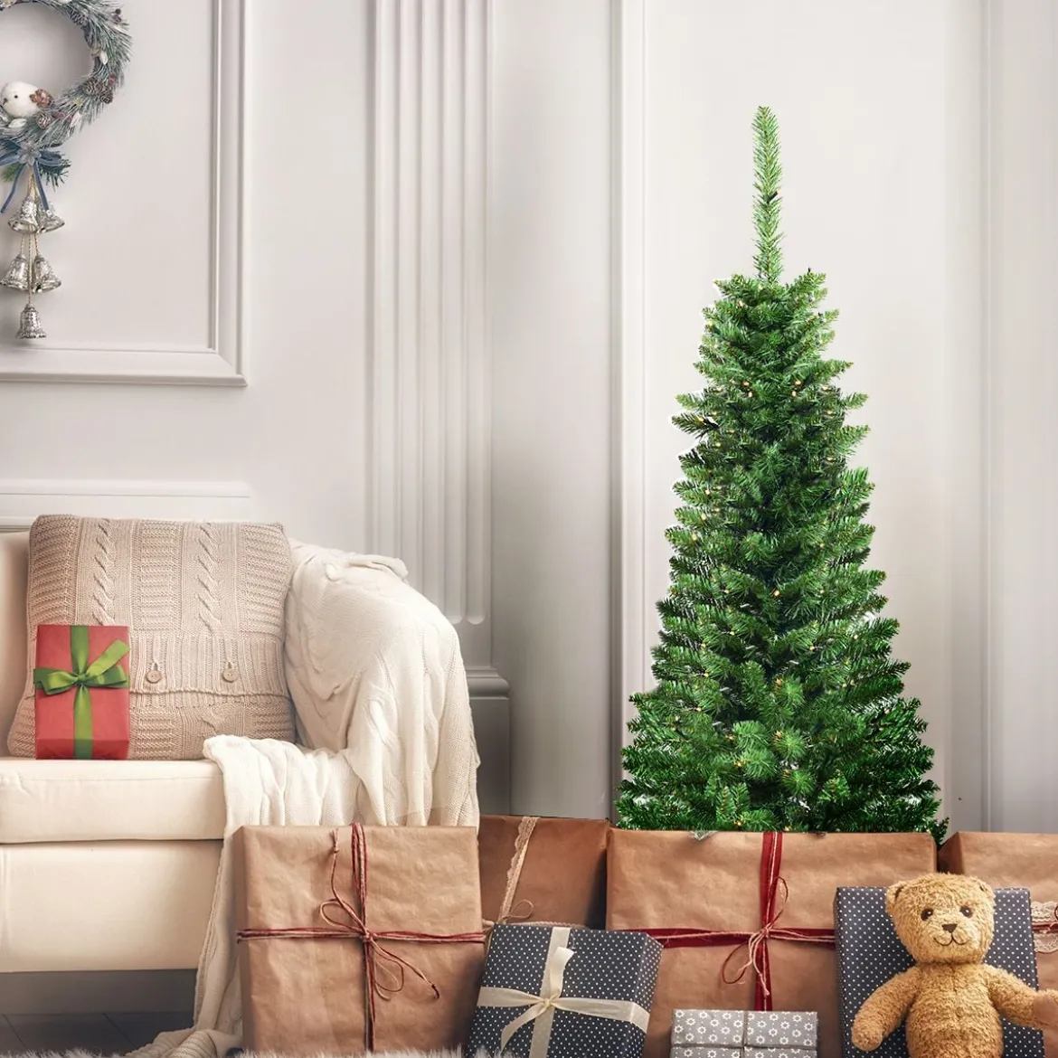 135cm Weihnachtsbaum schmal mit warmweißen LED-Leuchten künstlicher Tannenbaum Grün