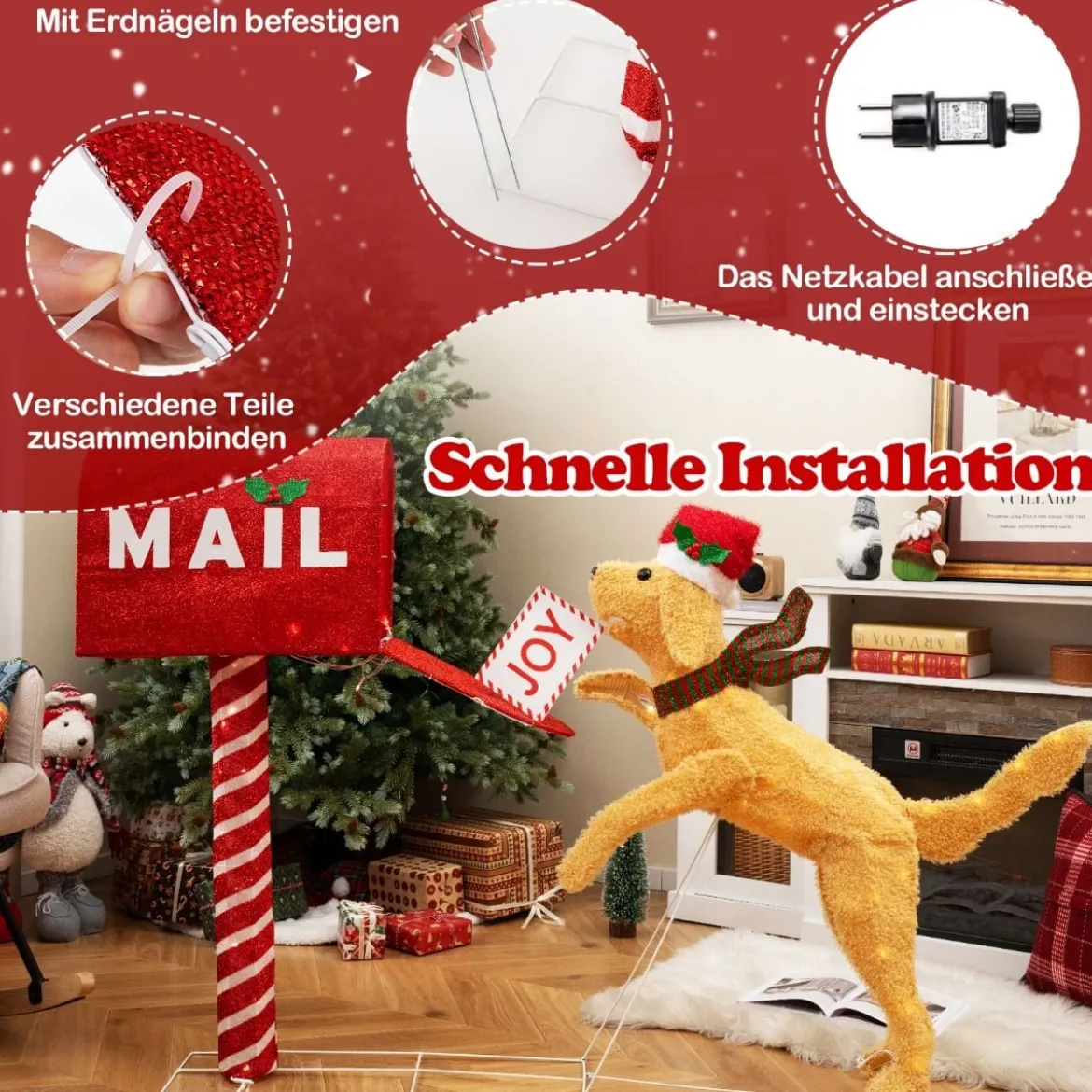 108 cm Weihnachtsbriefkasten & Hund vorbeleuchtete festliche Dekoration mit 120 warmweißen LED-Leuchten Rot
