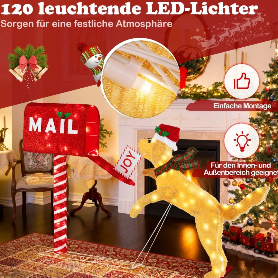 108 cm Weihnachtsbriefkasten & Hund vorbeleuchtete festliche Dekoration mit 120 warmweißen LED-Leuchten Rot