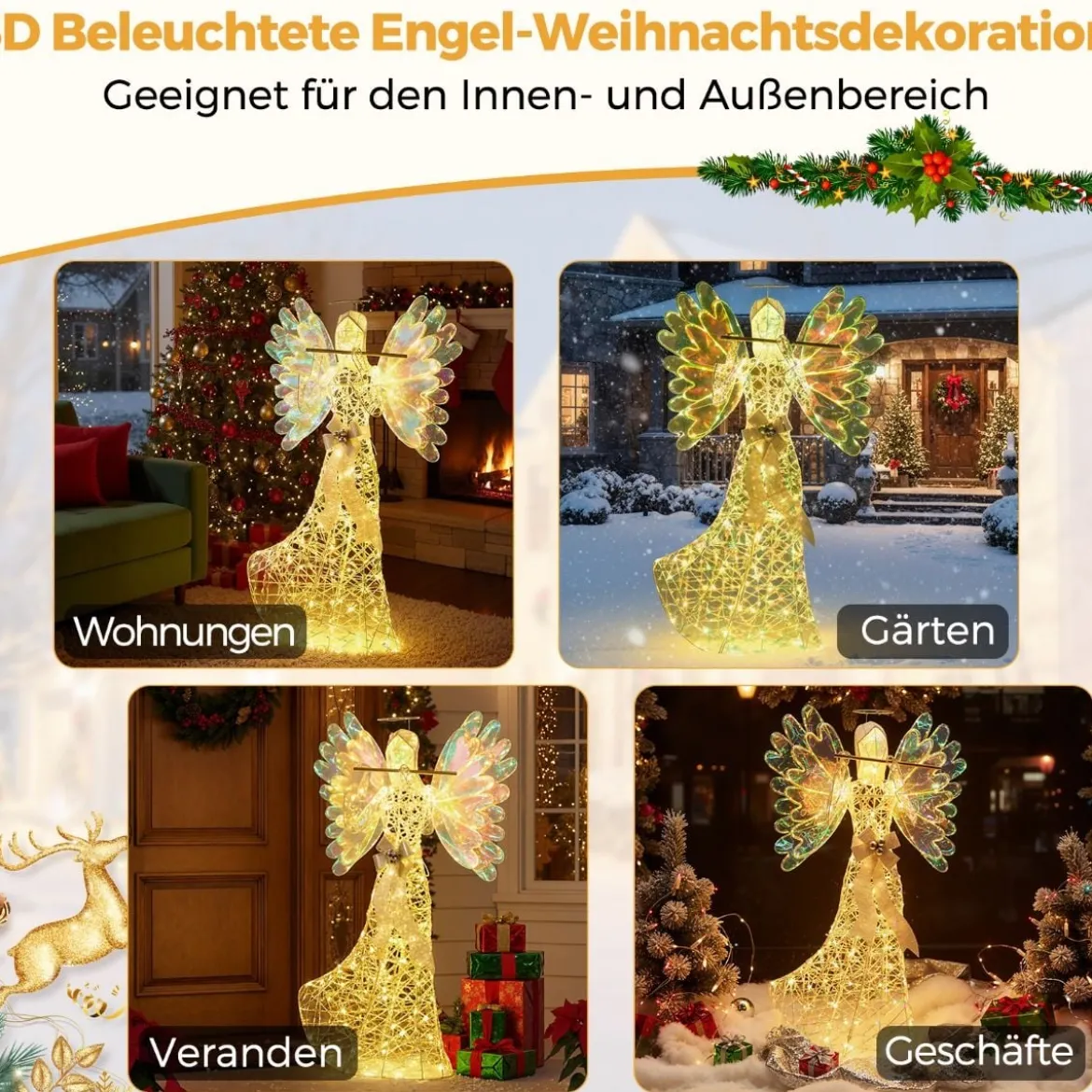 158cm Weihnachtsengel mit 250 Kaltweißen LED-Lichtern & Heiligenschein & Flöte Weihnachtsdeko