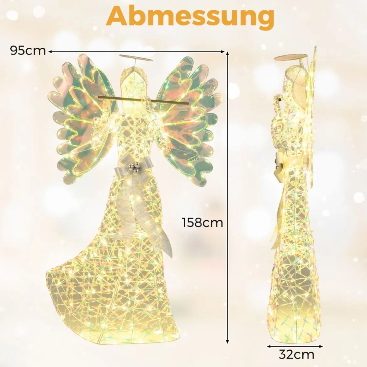 158cm Weihnachtsengel mit 250 Kaltweißen LED-Lichtern & Heiligenschein & Flöte Weihnachtsdeko