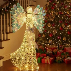 158cm Weihnachtsengel mit 250 Kaltweißen LED-Lichtern & Heiligenschein & Flöte Weihnachtsdeko
