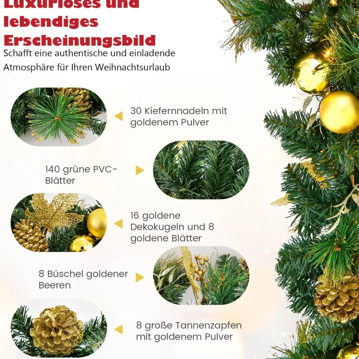 270 cm Weihnachtsgirlande mit 50 Warmweiß LEDs & Tannenzapfen & Goldenen Kugeln