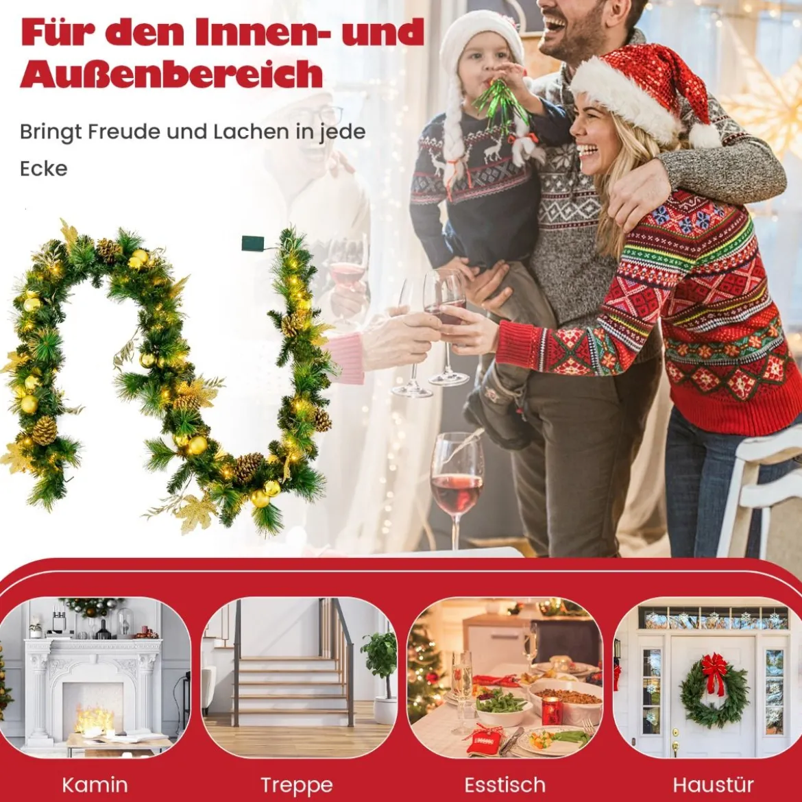 270 cm Weihnachtsgirlande mit 50 Warmweiß LEDs & Tannenzapfen & Goldenen Kugeln