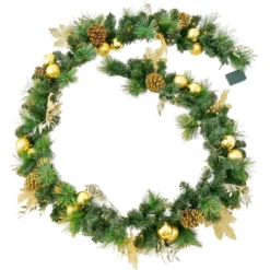270 cm Weihnachtsgirlande mit 50 Warmweiß LEDs & Tannenzapfen & Goldenen Kugeln