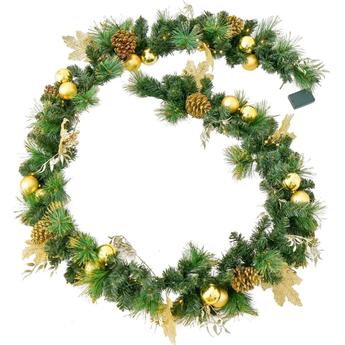 270 cm Weihnachtsgirlande mit 50 Warmweiß LEDs & Tannenzapfen & Goldenen Kugeln