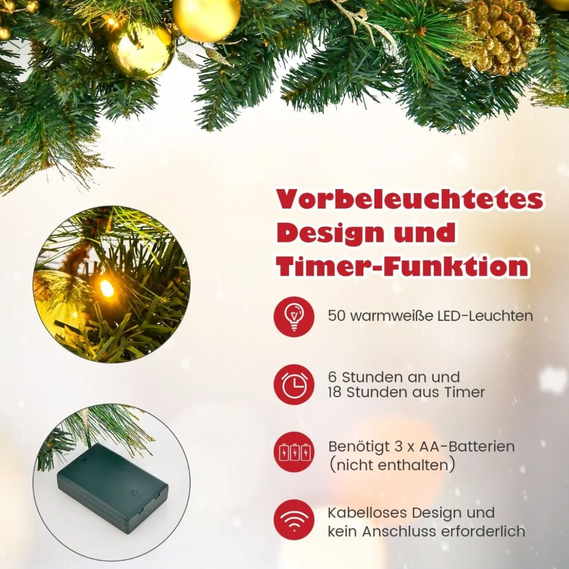 270 cm Weihnachtsgirlande mit 50 Warmweiß LEDs & Tannenzapfen & Goldenen Kugeln