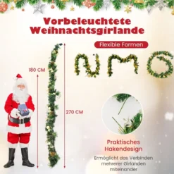 270 cm Weihnachtsgirlande mit 50 Warmweiß LEDs & Tannenzapfen & Goldenen Kugeln