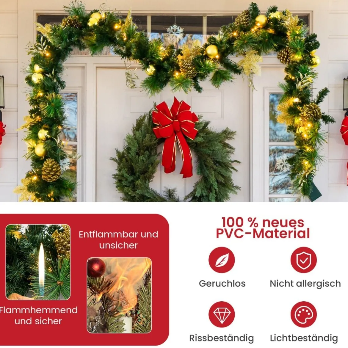 270 cm Weihnachtsgirlande mit 50 Warmweiß LEDs & Tannenzapfen & Goldenen Kugeln