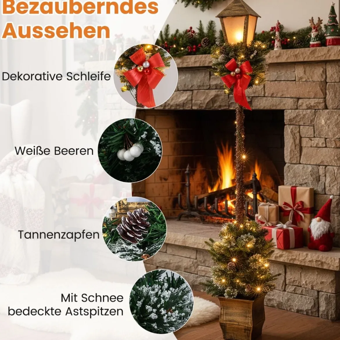 187 cm Weihnachtslaterne mit LED-Lichtern & Schneebedeckte Zweigspitzen Straßenlaterne