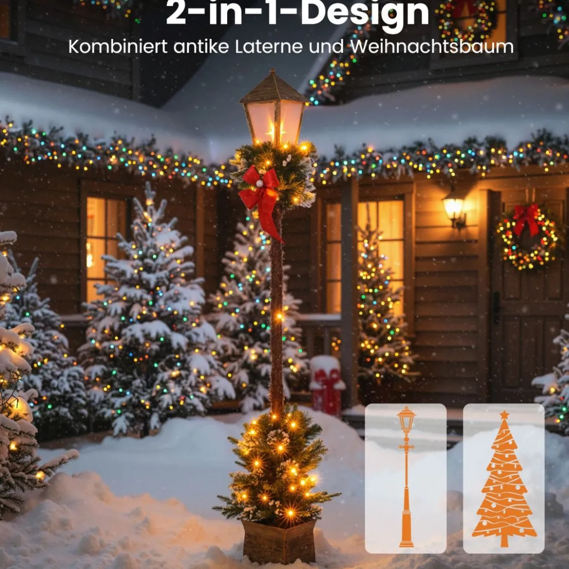 187 cm Weihnachtslaterne mit LED-Lichtern & Schneebedeckte Zweigspitzen Straßenlaterne