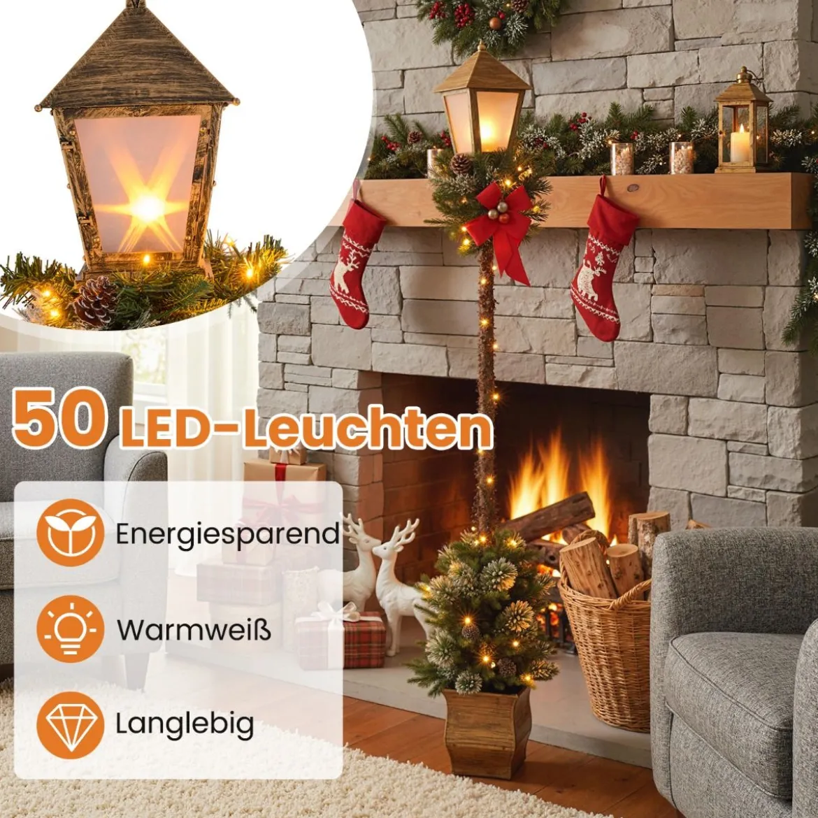 187 cm Weihnachtslaterne mit LED-Lichtern & Schneebedeckte Zweigspitzen Straßenlaterne