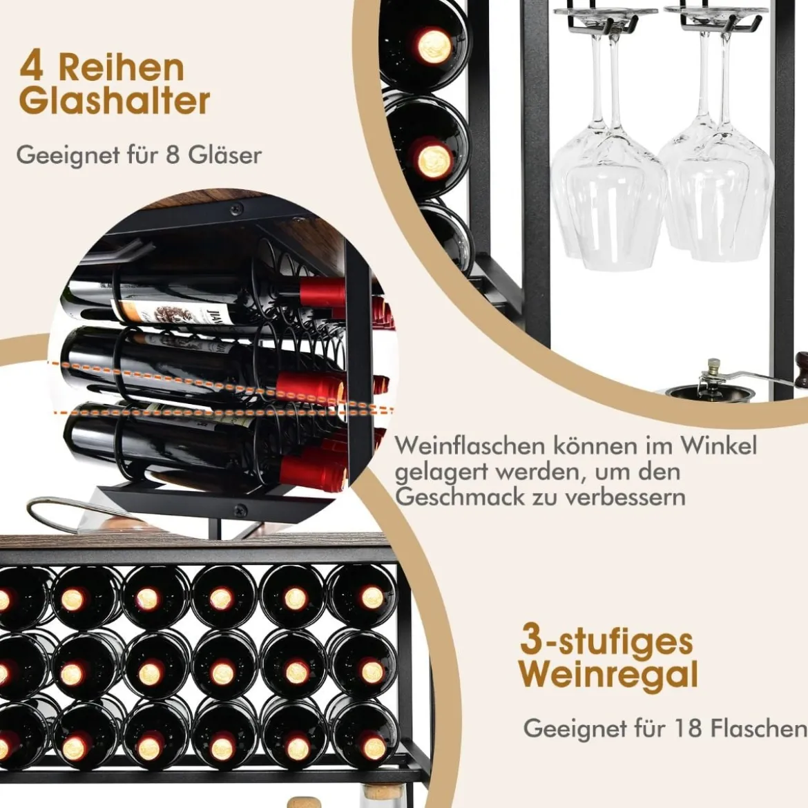 120 cm Weinregal mit Glashalter & Regalen 3 Ebenen Flaschenregal Rustikales Braun