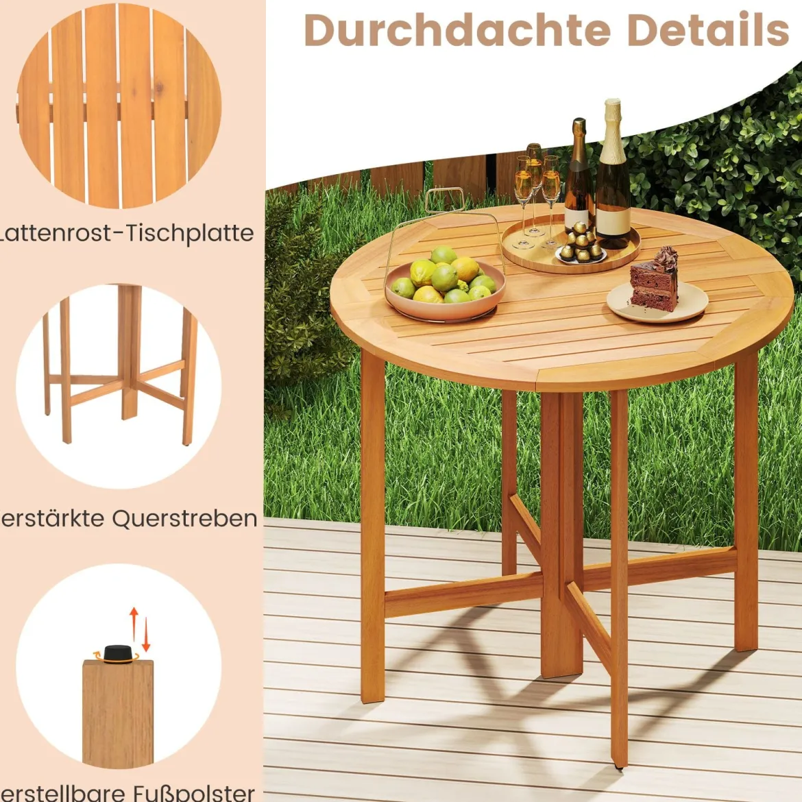 Ø 90 cm Wetterfester Gartentisch Akazienholz Klapptisch Runder Balkontisch Esstisch Natur
