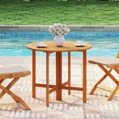 Ø 90 cm Wetterfester Gartentisch Akazienholz Klapptisch Runder Balkontisch Esstisch Natur
