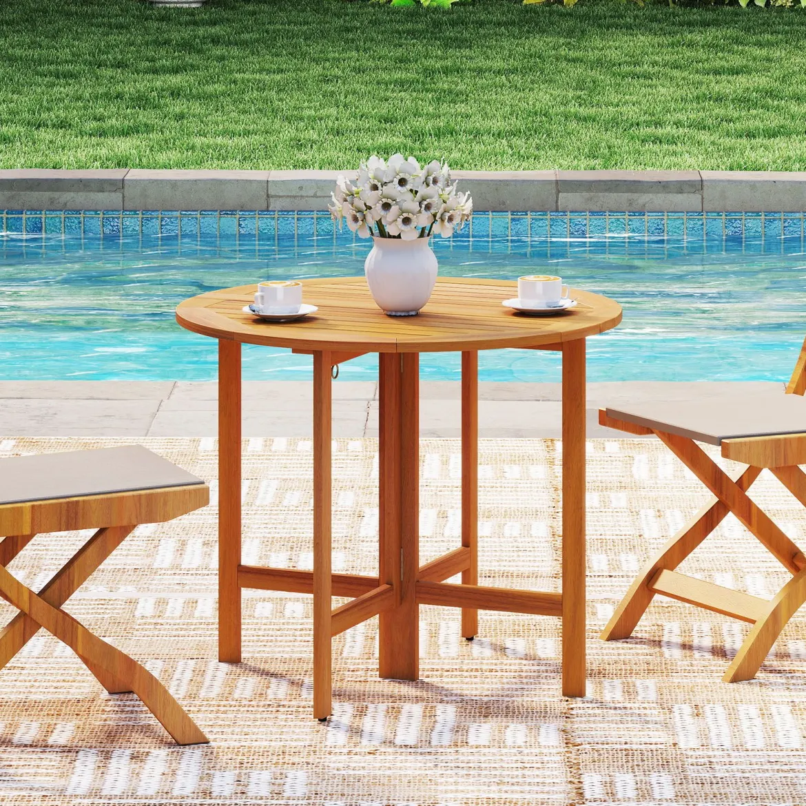 Ø 90 cm Wetterfester Gartentisch Akazienholz Klapptisch Runder Balkontisch Esstisch Natur
