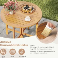Ø 90 cm Wetterfester Gartentisch Akazienholz Klapptisch Runder Balkontisch Esstisch Natur