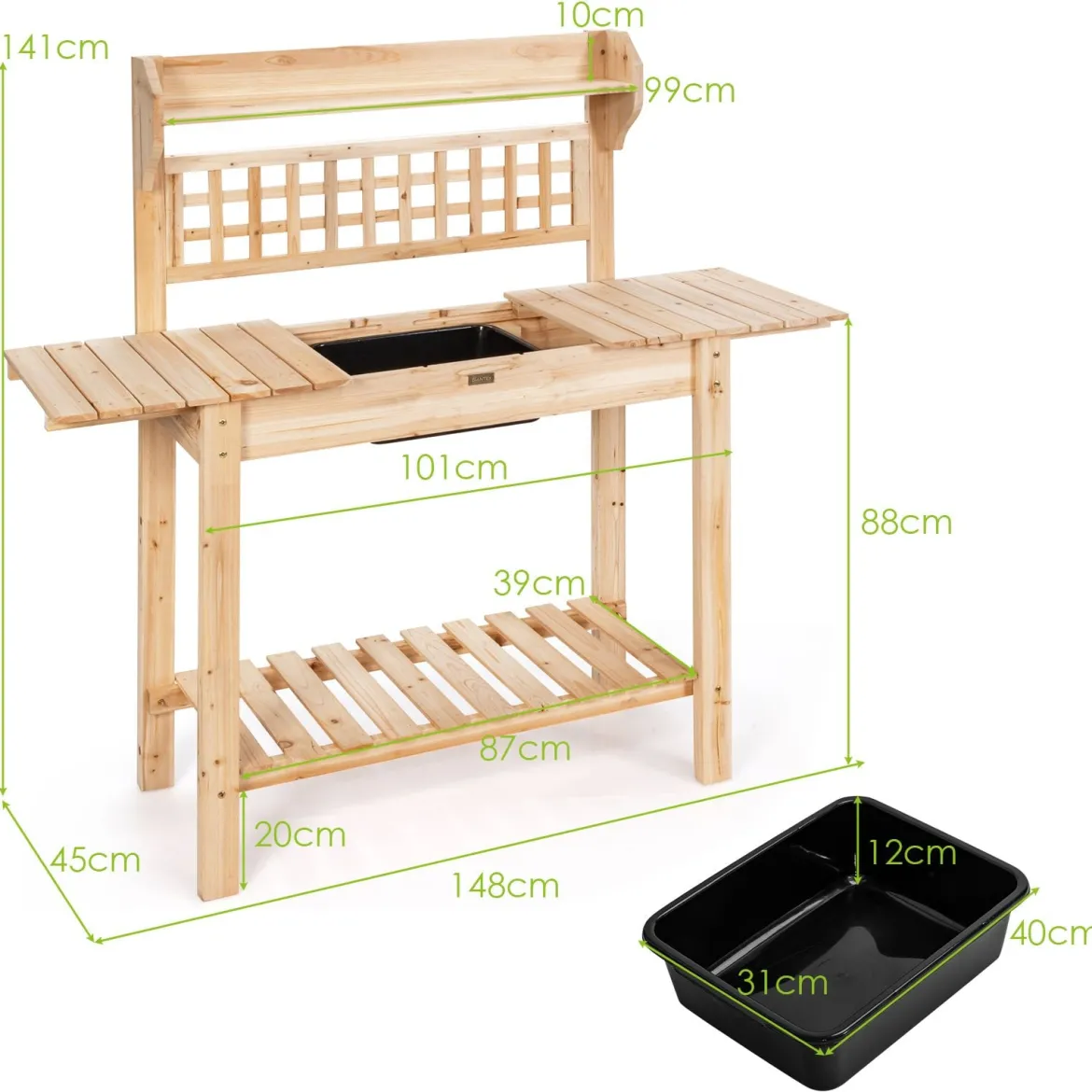 Coatway Gärtnertisch Holz Pflanztisch Garten Arbeitstisch Gartentisch multifunktionale Pflanz-Bank 101 x 45 x 141 cm