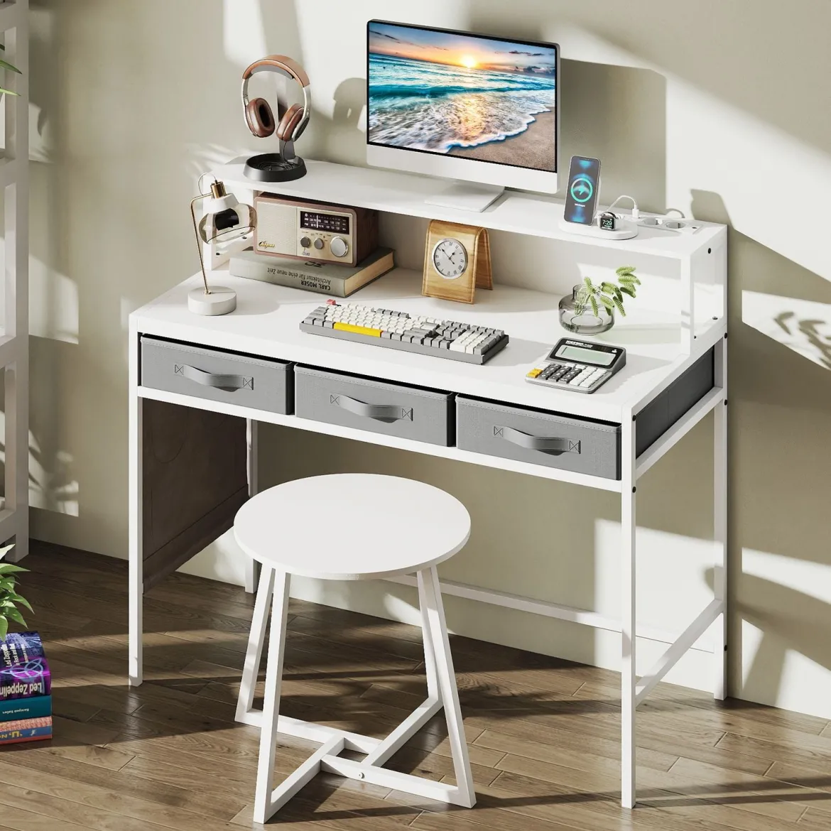 Computerschreibtisch mit Steckdosen Schminktisch und Hocker-Set mit Monitorständer Weiß