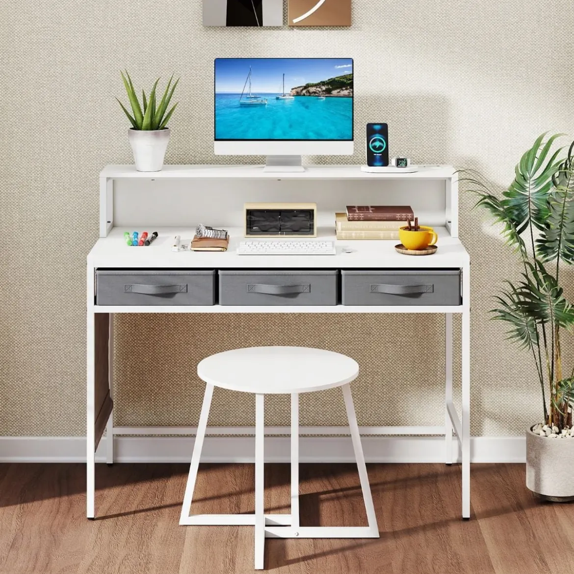 Computerschreibtisch mit Steckdosen Schminktisch und Hocker-Set mit Monitorständer Weiß