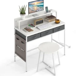 Computerschreibtisch mit Steckdosen Schminktisch und Hocker-Set mit Monitorständer Weiß