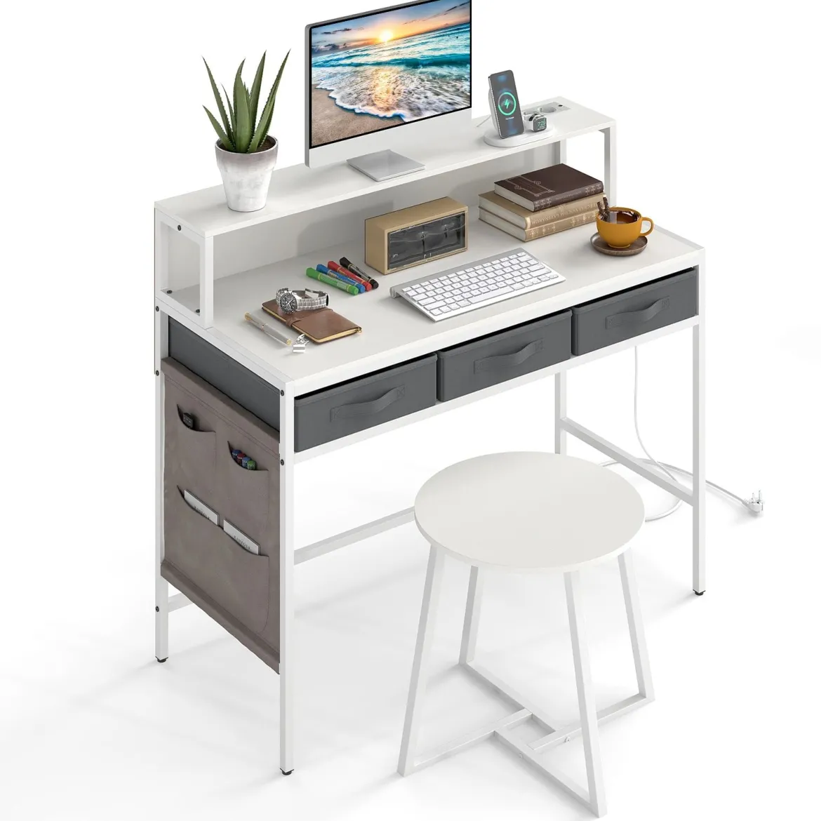 Computerschreibtisch mit Steckdosen Schminktisch und Hocker-Set mit Monitorständer Weiß