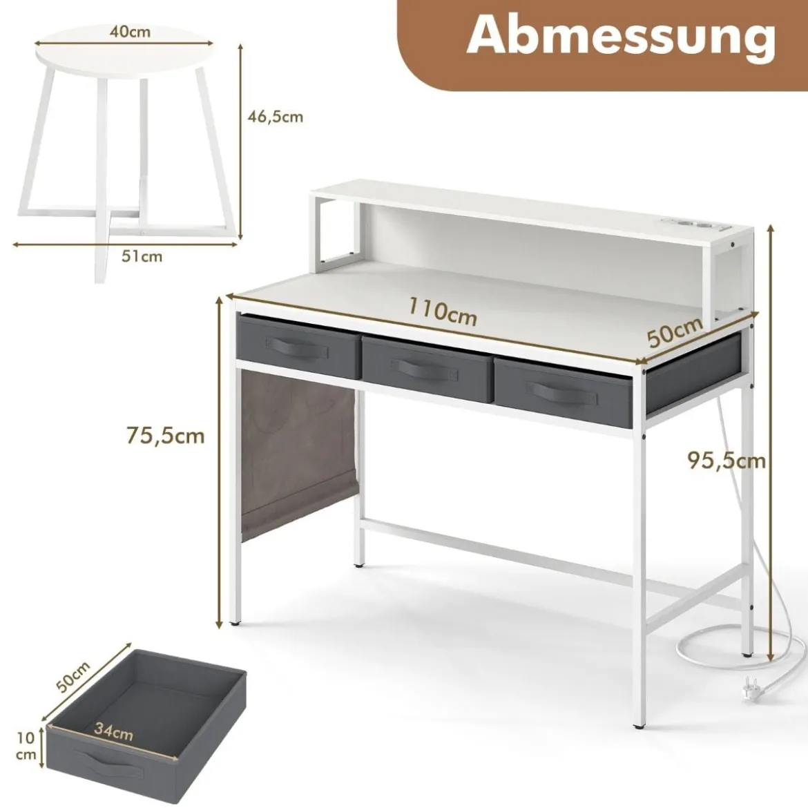 Computerschreibtisch mit Steckdosen Schminktisch und Hocker-Set mit Monitorständer Weiß
