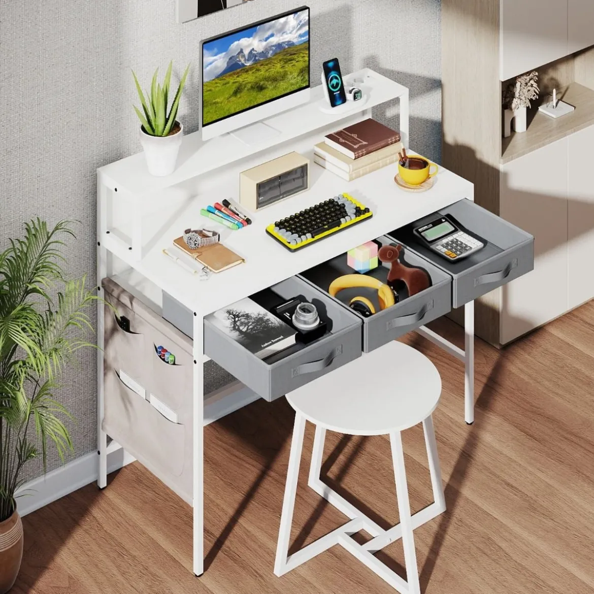 Computerschreibtisch mit Steckdosen Schminktisch und Hocker-Set mit Monitorständer Weiß