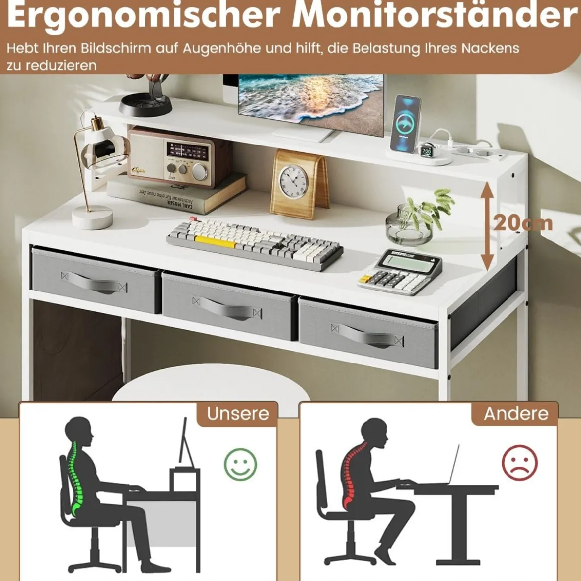 Computerschreibtisch mit Steckdosen Schminktisch und Hocker-Set mit Monitorständer Weiß