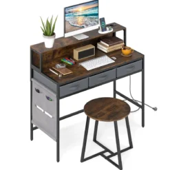 Computerschreibtisch mit Steckdosen Schminktisch und Hocker-Set mit Monitorständer Rustikal Braun