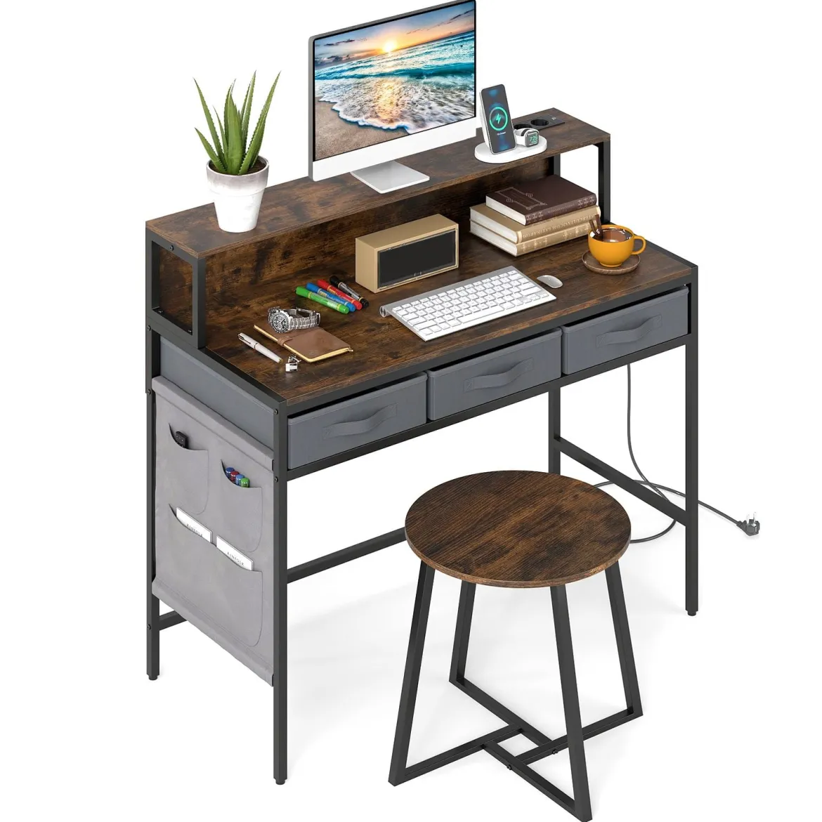 Computerschreibtisch mit Steckdosen Schminktisch und Hocker-Set mit Monitorständer Rustikal Braun