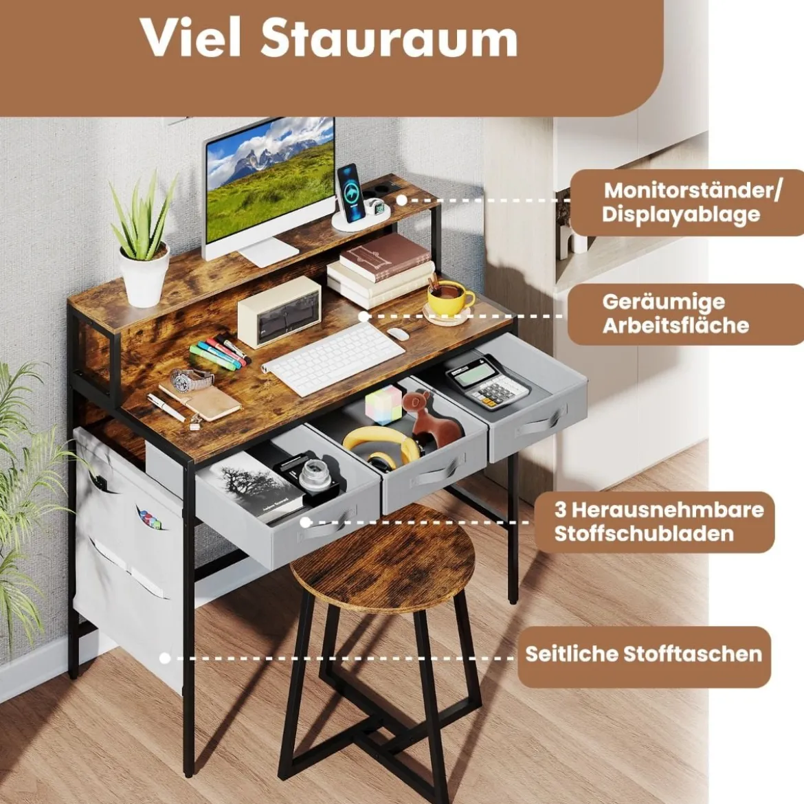 Computerschreibtisch mit Steckdosen Schminktisch und Hocker-Set mit Monitorständer Rustikal Braun