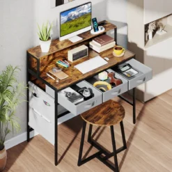 Computerschreibtisch mit Steckdosen Schminktisch und Hocker-Set mit Monitorständer Rustikal Braun