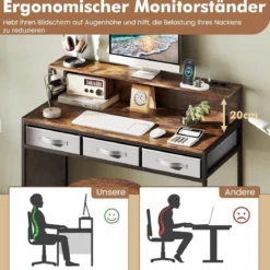 Computerschreibtisch mit Steckdosen Schminktisch und Hocker-Set mit Monitorständer Rustikal Braun