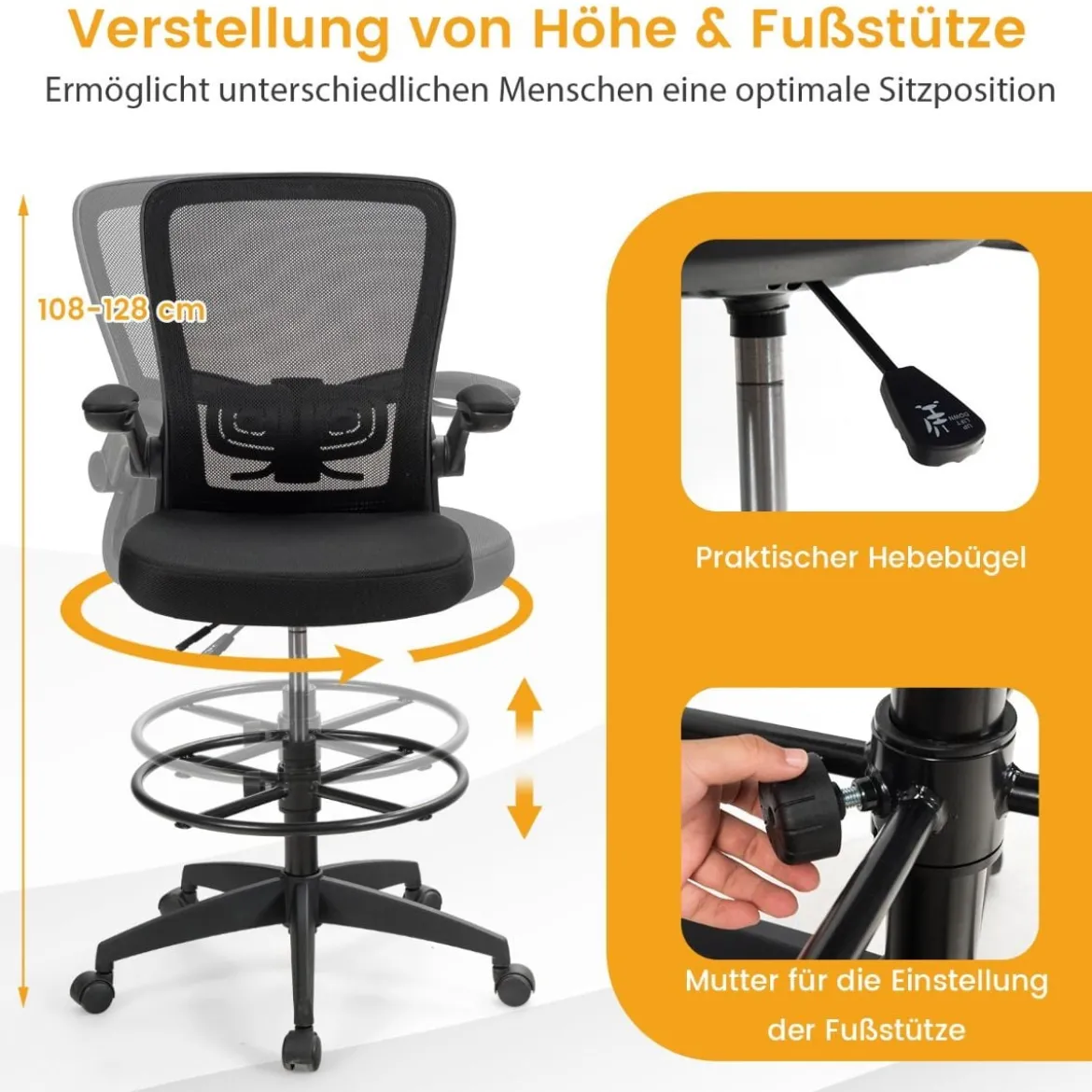 Computerstuhl aus Netzstoff mit hoher Rückenlehne mit hochklappbaren Armlehnen & Fußstützenring Schwarz