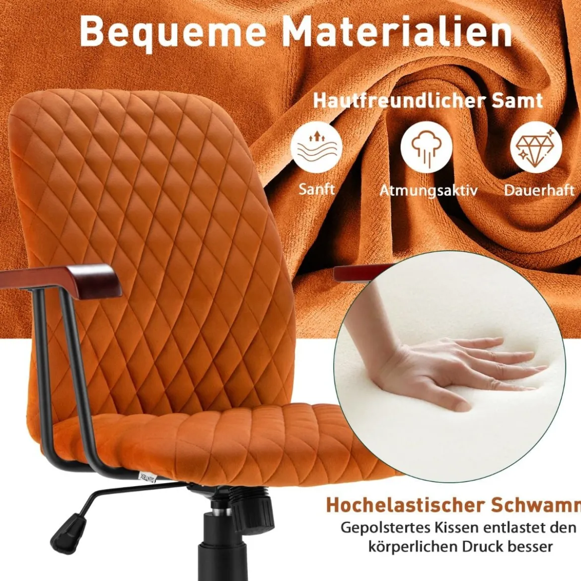 Computerstuhl aus Samt mit mittlerer Rückenlehne gepolstertem Sitz Armlehnen aus Gummiholz Orange