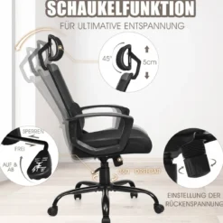 ComputerstuhlErgonomischer Netz-Bürostuhl mit Lumbalstütze 70 x 70 x 116-126 cm Schwarz