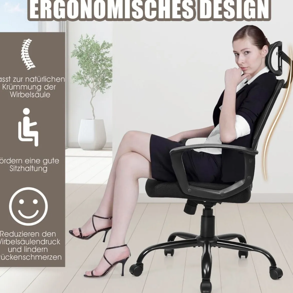 ComputerstuhlErgonomischer Netz-Bürostuhl mit Lumbalstütze 70 x 70 x 116-126 cm Schwarz
