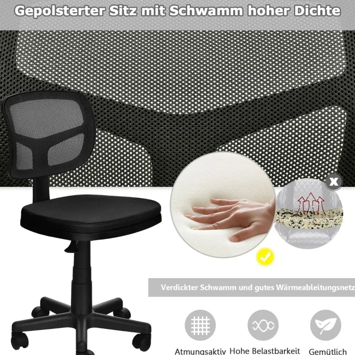 Computerstuhl höhenverstellbar Low-Back-Bürostuhl moderner Lederstuhl 50 x 50 x 79-91 cm Schwarz