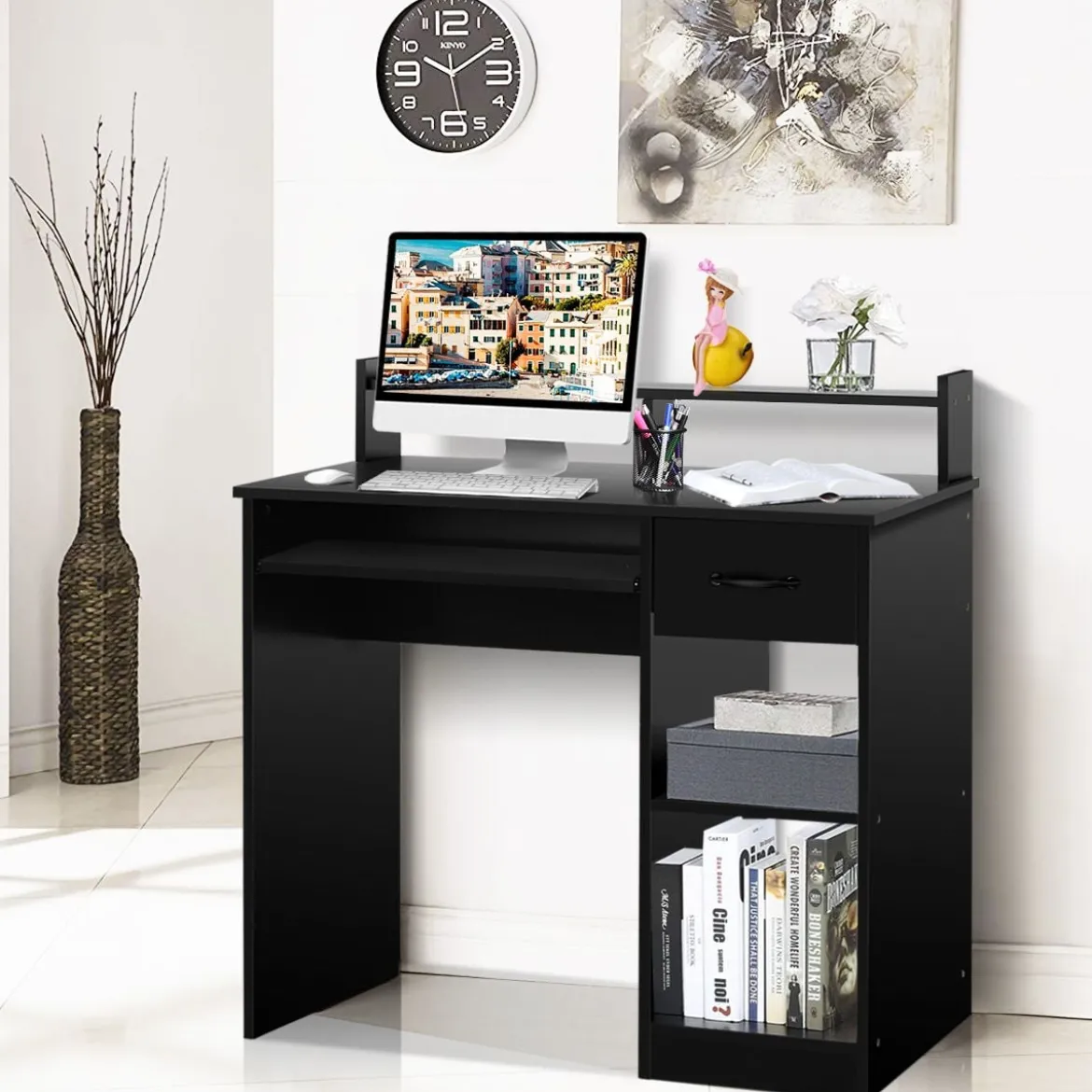 Computertisch Ablage Schreibtisch Bürotisch Laptoptisch mit Aufbewahrungsschublade Schwarz