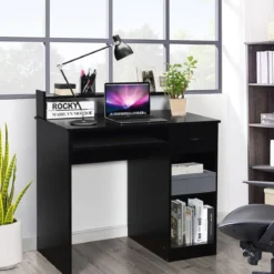 Computertisch Ablage Schreibtisch Bürotisch Laptoptisch mit Aufbewahrungsschublade Schwarz