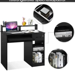 Computertisch Ablage Schreibtisch Bürotisch Laptoptisch mit Aufbewahrungsschublade Schwarz