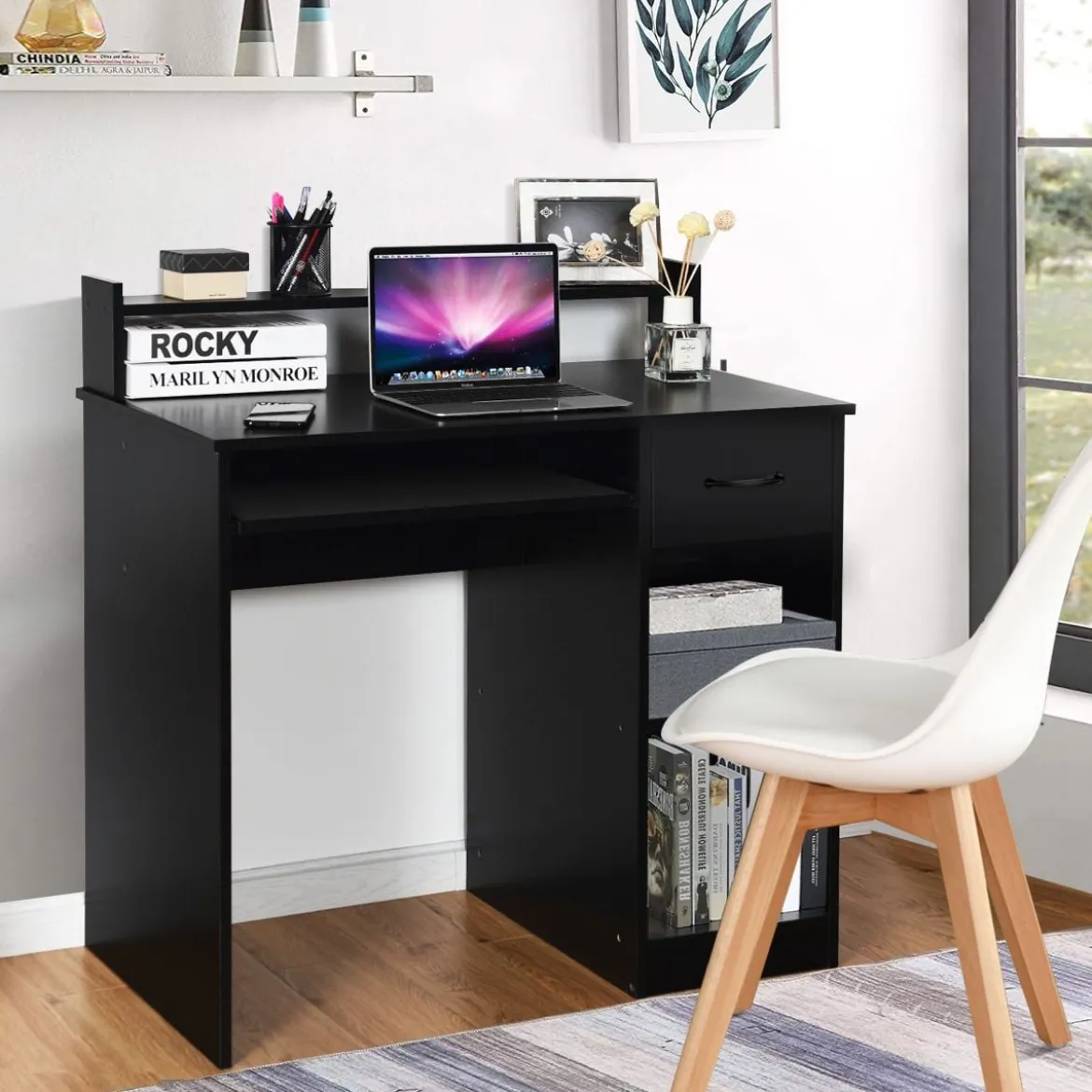 Computertisch Ablage Schreibtisch Bürotisch Laptoptisch mit Aufbewahrungsschublade Schwarz