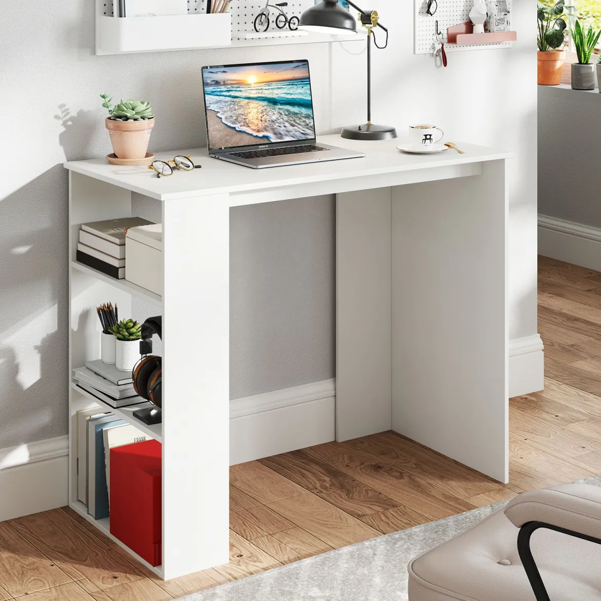Computertisch 90 cm Schreibtisch mit Bücherregal moderner und schlichter Home-Office-Schreibtisch Weiß