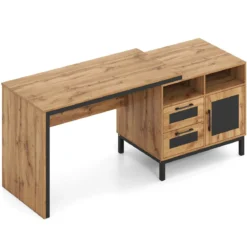 Computertisch Holz Schreibtisch mit 2 Offene Fächer 2 Schubladen & ein Eintüriger Schrank 181 x 60 x 76 cm
