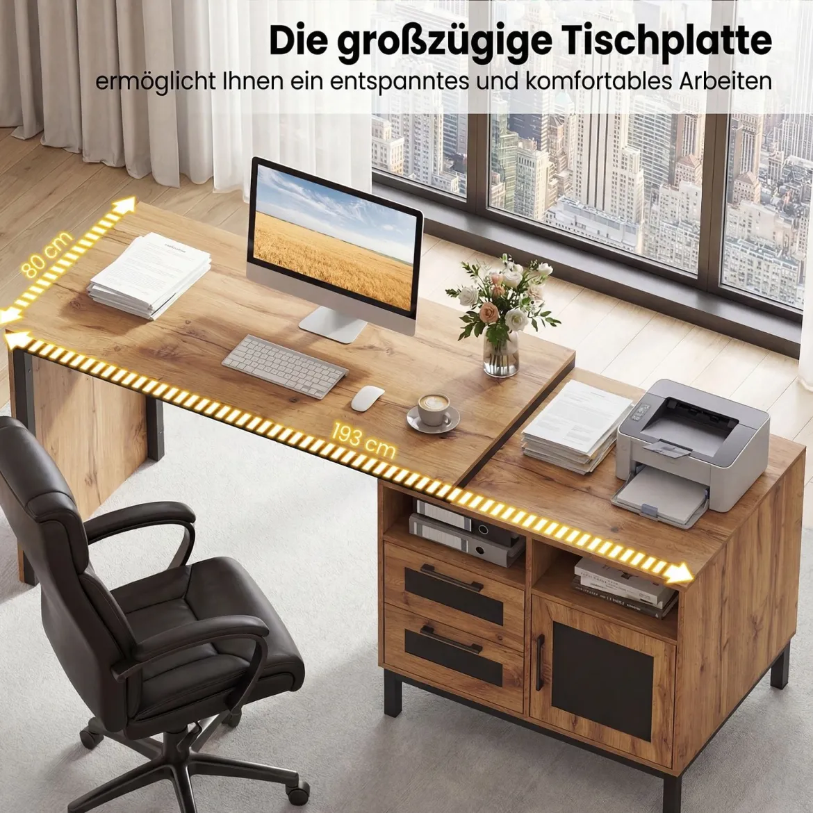 Computertisch Holz Schreibtisch mit 2 Offene Fächer 2 Schubladen & ein Eintüriger Schrank 181 x 60 x 76 cm